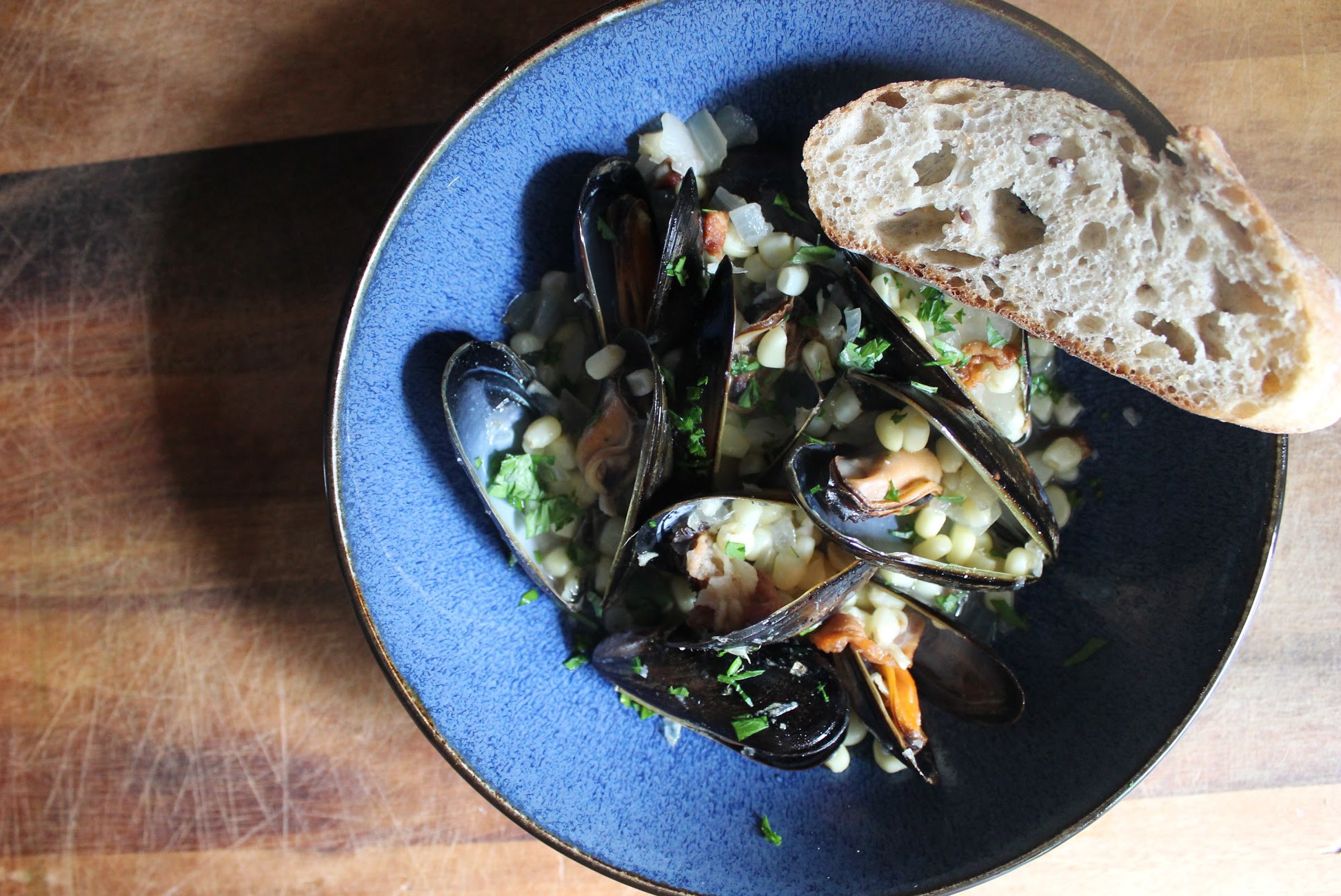 Steamed Mussels with Corn Bacon and Beer