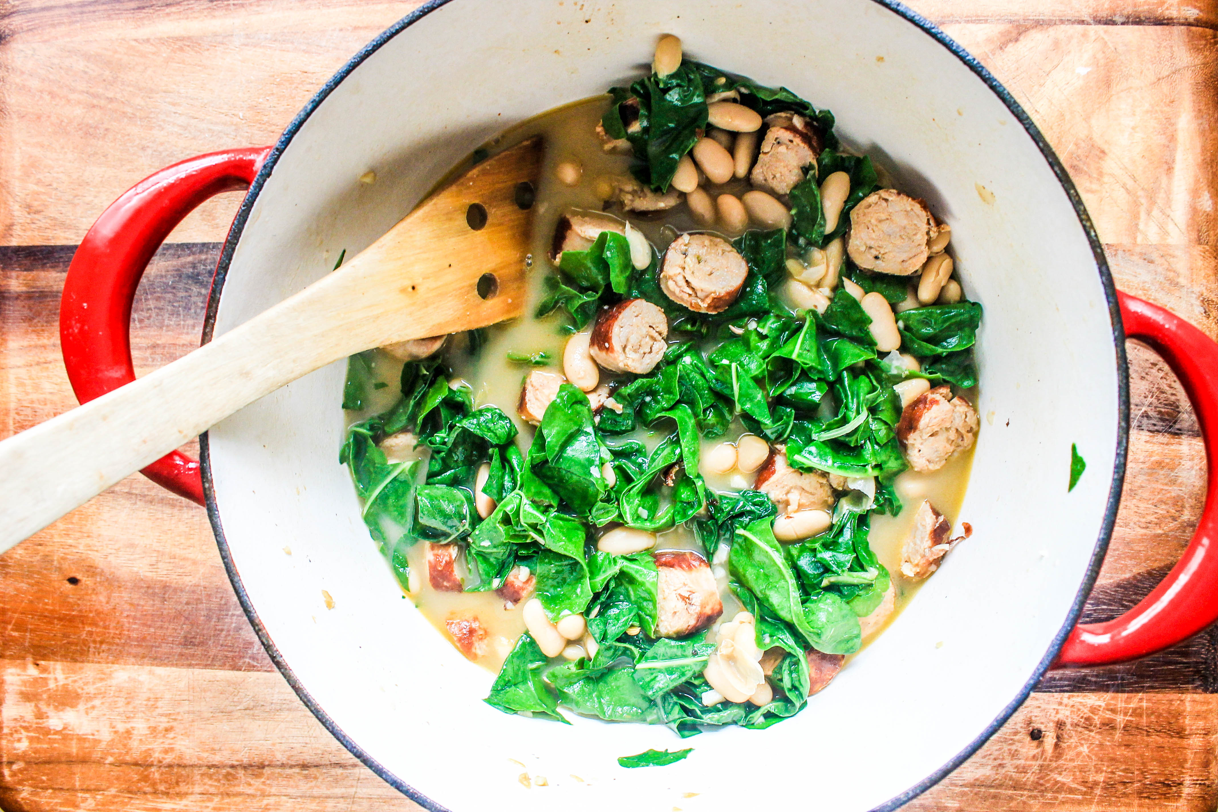 (Chicken) Sausage, White Beans and Chard in Gorgonzola Broth