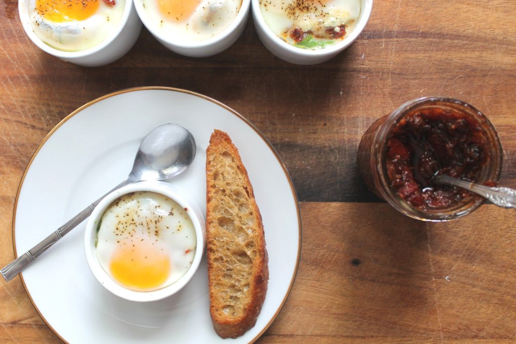 Baked Eggs with Avocado Gorgonzola and Sundried Tomato