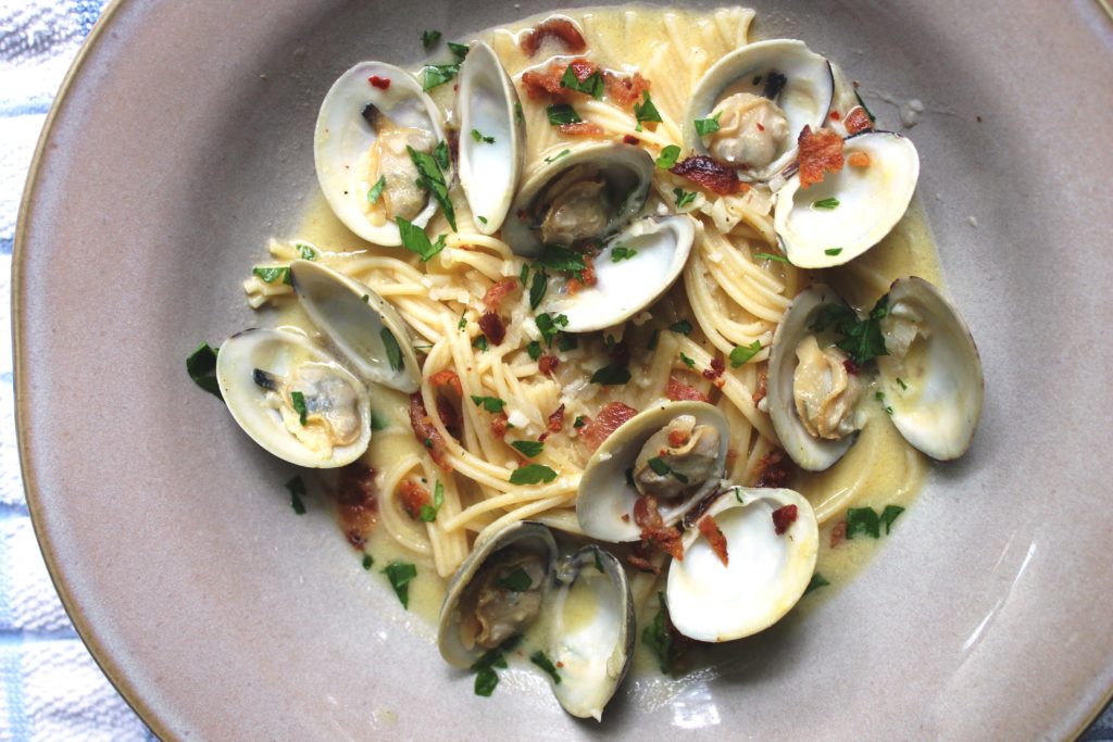 Clams with Corn Milk Carbonara