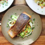 Salmon with Bacon Corn and Cabbage