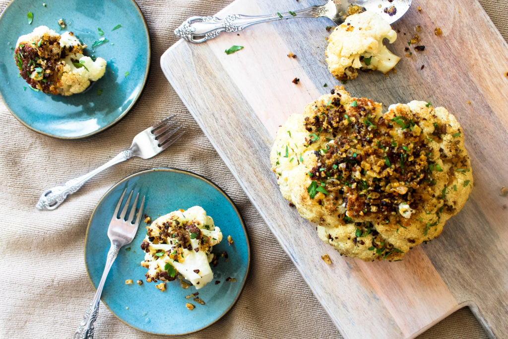 Whole Roasted Cauliflower with Brown Butter Crumbs