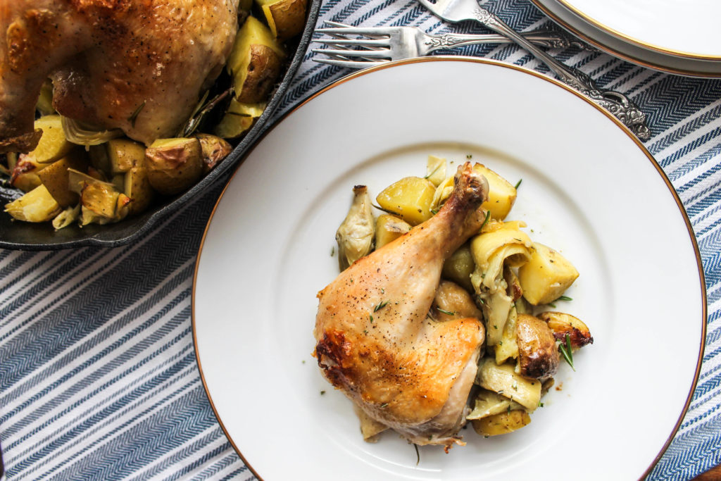 One Pan Chicken with Roasted Potatoes and Artichokes