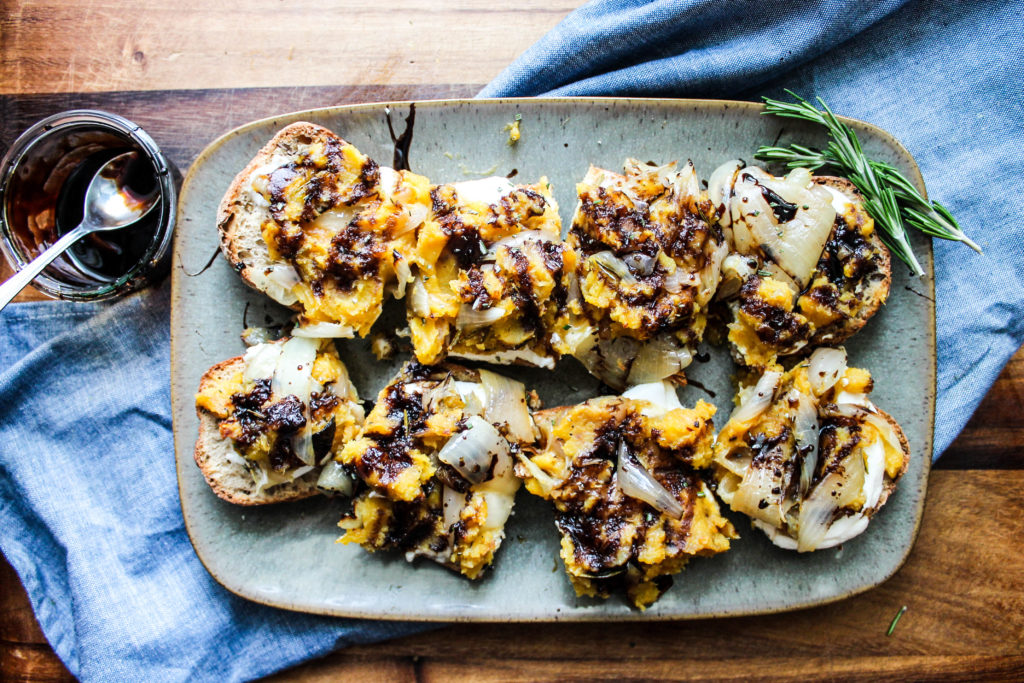 Squash Toasts with Burrata Cheese and Balsamic Reduction