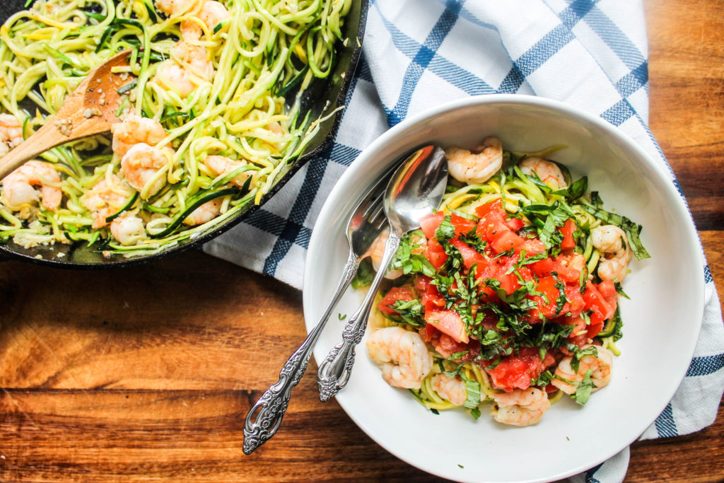 Garlic Shrimp with Zucchini Noodles and Raw Tomato Sauce