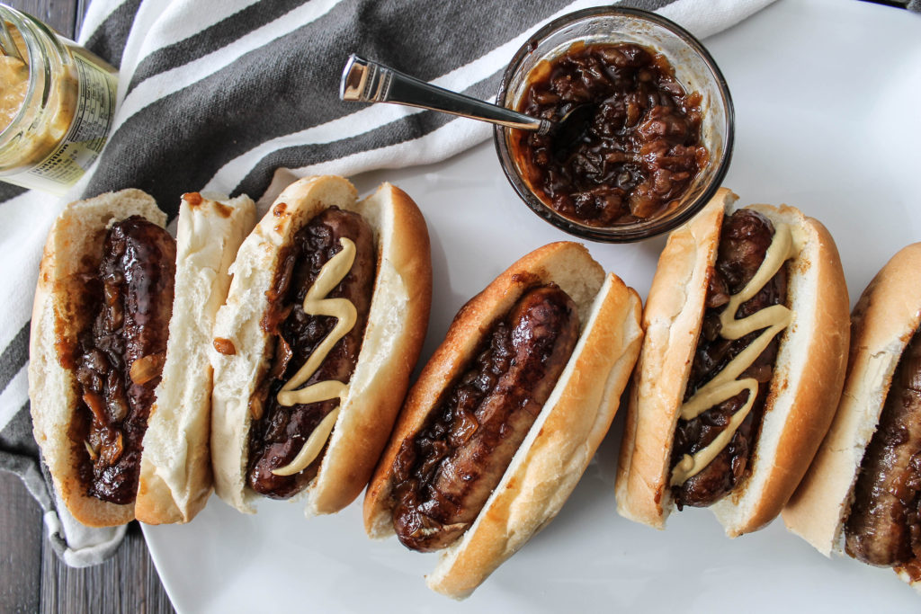 Braised Bratwurst with Onion Jam