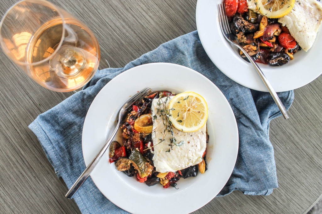 Sheet Pan Ratatouille with Halibut en Papillote